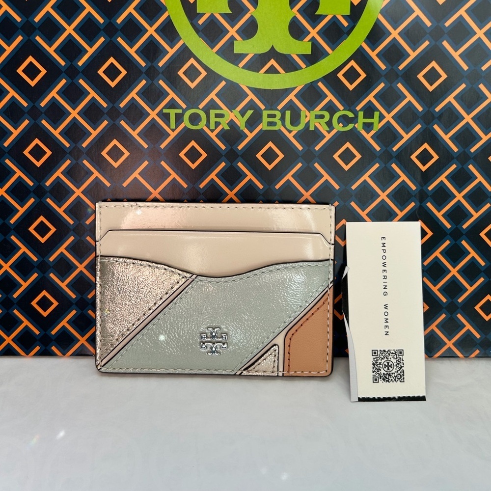 Tory Burch Emerson Color Block Slim Card Case Mint Drop Silver Light Cream